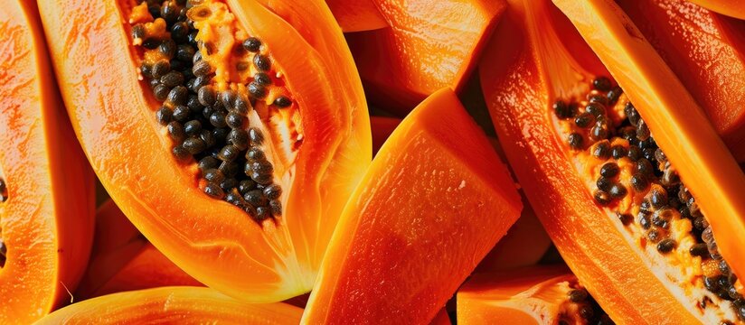 Bright Colorful Organic Delicious Sliced Papaya With Black Seeds Macro Fruit Concept