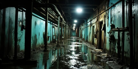A flooded corridor illuminated by dim lights, revealing layers of peeling paint, rusting pipes, and forgotten doors, creating a sense of forgotten history and haunting silence