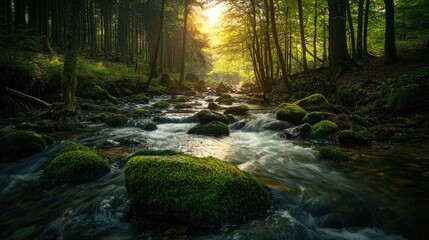 Obraz premium Small River In The Forest With Moss On Rocks