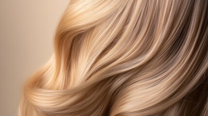 Fototapeta premium Close up of a blonde wig on a neutral backdrop Showcase of golden hair extensions and wigs Concept of female beauty