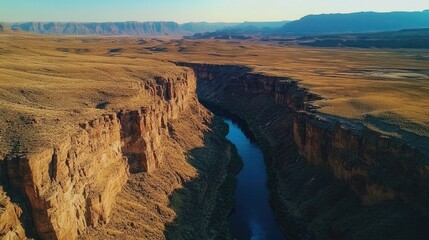 Aerial view of a deep canyon featuring a blue river running through a desert landscape