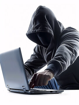 Hacker encapuchado usando laptop en fondo blanco