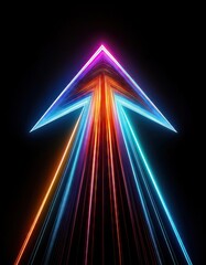 A colorful arrow made of glowing light beams, pointing right at the center on a black background he arrow forms an elegant and dynamic shape with a sense of motion and speed