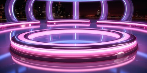 Obraz premium Futuristic stage with glowing pink and blue neon lights creating a circular platform for product display