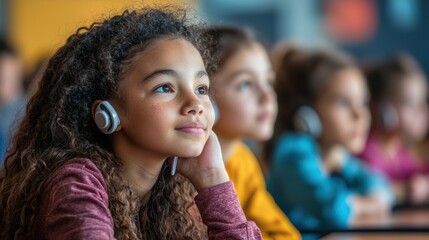 A multilingual classroom where students use real-time translation earbuds, enabling seamless conversation and learning across languages. The advanced tech fosters global communication and collaboratio