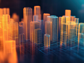 Wireframe city skyline with glowing orange and blue lights.