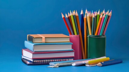 A collection of books and colorful pencils arranged on a blue background.