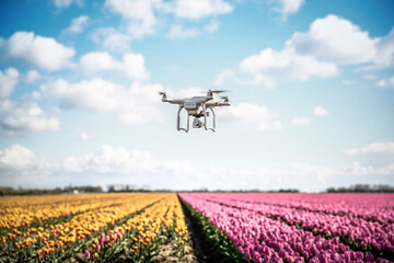 Netherlands, drone with camera flying over tulip fields