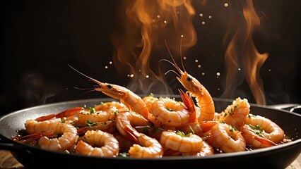 shrimp well seasoned flying in the air seared fire