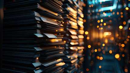 Stacks of documents illuminated by warm lights in a modern office environment.