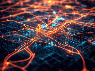 An abstract view of a city skyline rendered in blue light, with data traffic visualized as glowing orange lines.