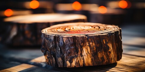A close-up view of a rustic wooden stump with a smooth, circular top and intricate grain patterns, illuminated by warm, blurred lights.