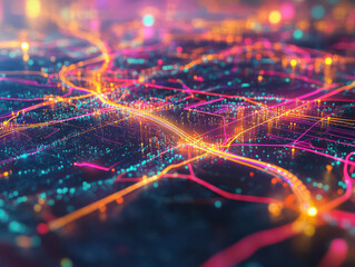 A futuristic cityscape illuminated by vibrant, glowing lines and dots, representing data flow and connectivity.