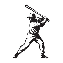 Silhouette of a Baseball Player Mid Swinging Bat.  A bold silhouette of a baseball player in action, captured mid-swing with a bat. Perfect for sports, athletics, and competitive spirit themes.
