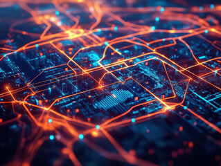 A futuristic cityscape illuminated by glowing orange lines representing data connections, evoking a sense of technological advancement and urban connectivity.