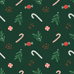 Seamless Christmas pattern with candy cane and winter plants