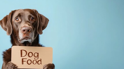 A sad brown dog holding a sign that says 'Dog Food' against a light blue background, conveying a heartfelt message about pet care.