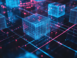 Abstract digital background with glowing neon cubes and lines in pink and blue.