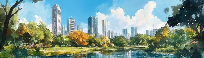 Obraz premium Modern skyscrapers surrounded by green parks and trees, blending nature and architecture, watercolor style