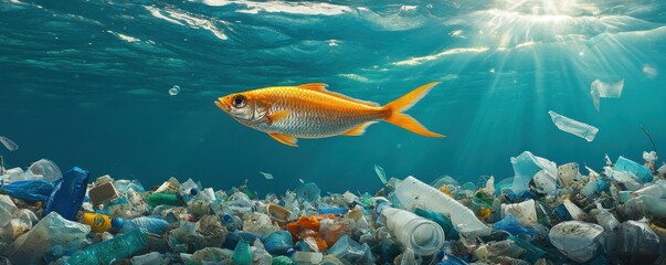Naklejka premium A vibrant fish swims through a sea of plastic waste, highlighting the urgent issue of ocean pollution and its impact on marine life.