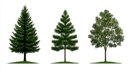 Three Green Trees Isolated on White Background   Spruce  Pine  and Deciduous