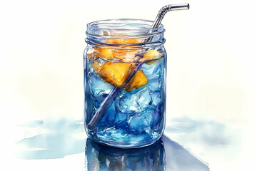 A refreshing drink in a jar filled with ice and orange slices, featuring a metal straw against a bright background.
