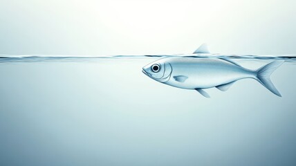 A sleek fish swims gracefully just beneath the water's surface, set against a light, serene backdrop.