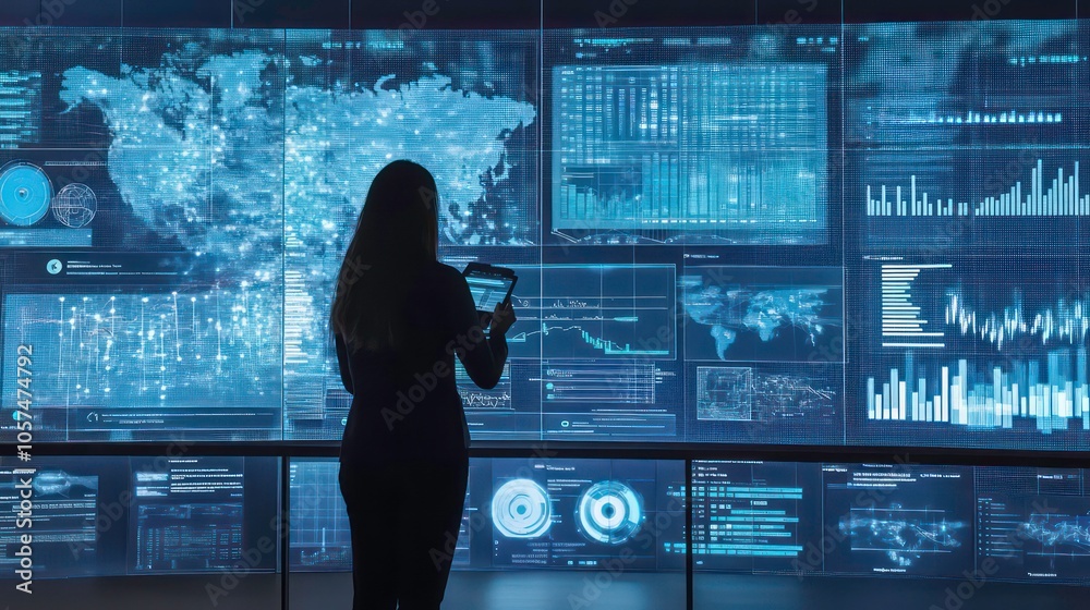 Aufkleber A person interacts with a futuristic data visualization display in a tech environment.