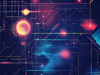 Fototapeta premium Abstract digital art featuring glowing lines and shapes in shades of blue, pink, and yellow.