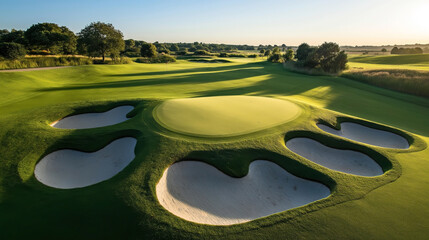 Beautiful golf course at sunset featuring manicured green with five sand bunkers and lush fairways amidst scenic landscape and trees under a clear blue sky.