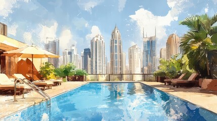 Fototapeta premium Rooftop swimming pool overlooking a skyscraper city, serene luxury amidst the urban jungle, watercolor style