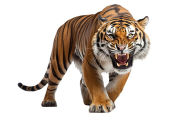 Fototapeta premium Muscular Malayan tiger with a low growl, showing dominance and strength isolated on white background