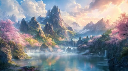 Serene landscape with mountains, waterfalls, and cherry blossoms reflecting in a tranquil lake.