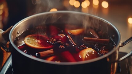 Mulled wine is brewing in the kitchen. Selective focus