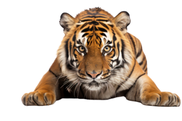 Muscular Malayan tiger with a low growl, showing dominance and strength isolated on white background