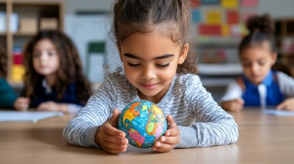 Fototapeta premium School Girl Holding Globe Education Classroom Learning