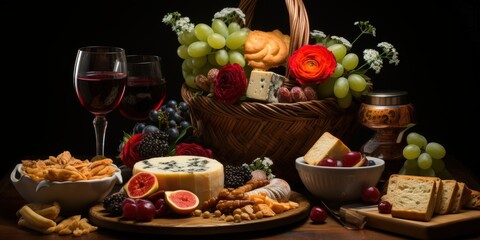 A still life with a focus on a gourmet cheese plate accompanied by a glass of red wine, bread, grapes, and a selection of other delights.