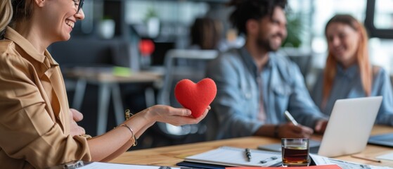 A heartfelt moment in an office as a person holds a red heart-shaped object, symbolizing compassion among colleagues during a vibrant workday.