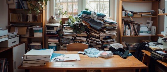 A cluttered home office with piles of papers and books stacked haphazardly, a testament to creativity and chaos amid sunlight streaming through windows.