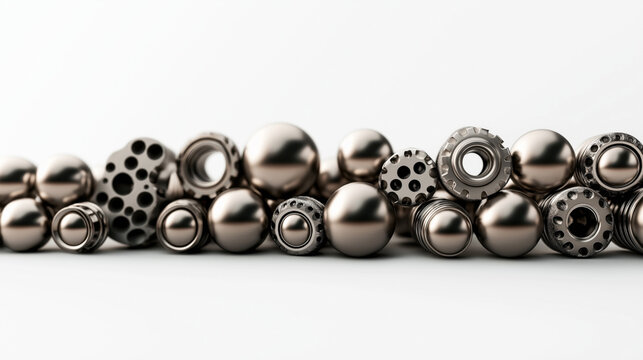 Abstract arrangement of metallic spheres and mechanical gear-like structures on a white background, showcasing industrial design elements and engineering aesthetics.
