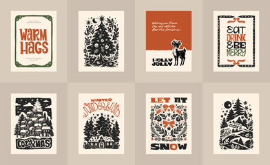 Merry Christmas and Happy New Year vertical flyer or poster template. Modern trendy Matisse minimal style. Hand drawn design for wallpaper, wall decor, print, postcard, cover, template, banner.