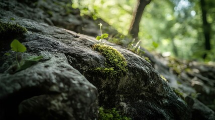 Green moss growing on a rock in the forest