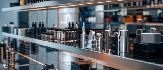 Sleek metal and glass bottles stand elegantly on mirrored shelves, highlighting a sense of luxury and sophistication inside a modern, upscale store.