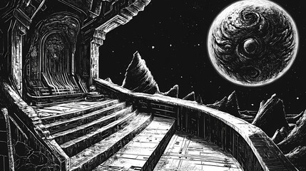 Fototapeta premium Brutalist galactic space cruiser throne room. Galactic Throne Room. Illustration