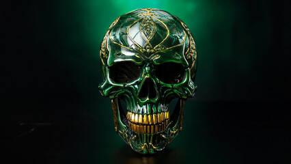 Green Skull with Gold Teeth and Beautiful Gold Patterns on Dark Background.