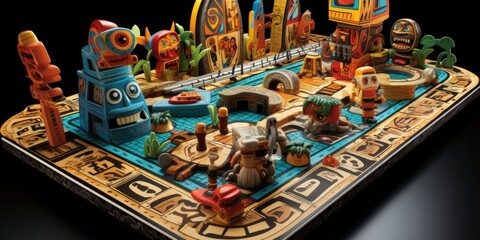 Fototapeta premium A whimsical and colorful board game with intricate detail, featuring a variety of characters and objects, each with unique personalities and textures.