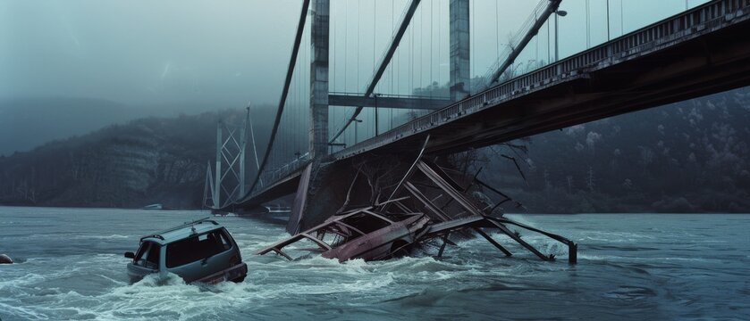 Amidst the misty atmosphere, a submerged car hints at recent havoc caused by a collapsing bridge into a river.