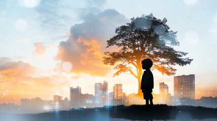 Fototapeta premium A child's journey blending innocence with urban landscapes at sunset