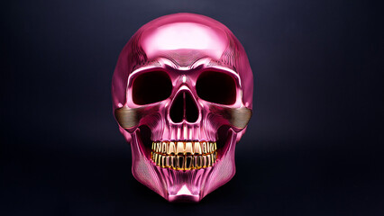 Obraz premium Bright pink skull with shiny gold teeth on a dark background.