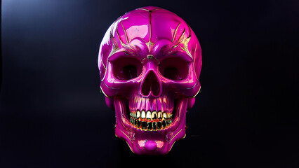 Fototapeta premium Bright pink skull with shiny gold teeth on a dark background.
